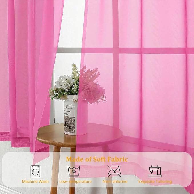 Gwine Short Kitchen Sheer Curtains 24 Inch Length - Light Filtering Voile Small Half Window Curtain for Basement, Rod Pocket Cafe Curtains for Bathroom Cabinet, 42Wx24L Inch, 2 Panels, Hot Pink