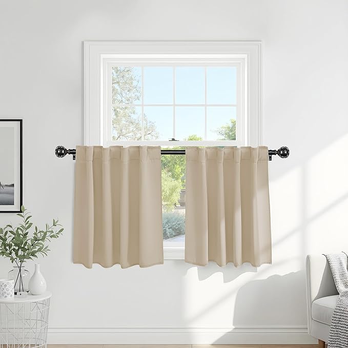 PONY DANCE Thermal Insulated Small Window Curtains Short Drapes for Nursery Bathroom Kitchen Laundry RV Basement, 34 inch Wide by 24 in Long, Biscotti Beige, 2 Panels