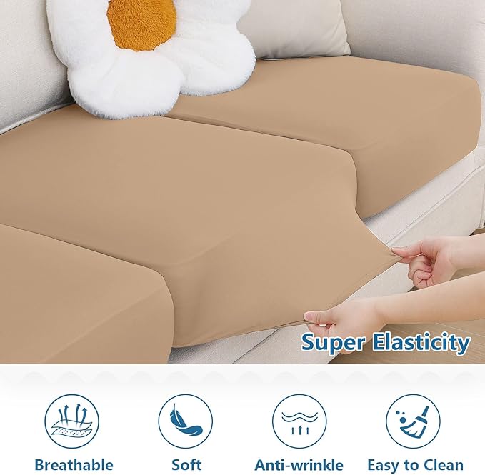 hyha Milk Silk Couch Cushion Covers, Soft Magic Sofa Covers Washable for 3 Cushion Couch, Stretch Sectional Outdoor Cushion Covers for Patio Furniture with Elastic Bottom(3 Packs, Camel)