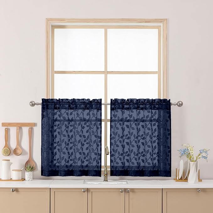 Chyhomenyc Navy Blue Sheer Curtains 24 Inch Length, Light Filtering Leaf Tufted Textured Small Window Kitchen Curtain Over Sink, Short Half Window Curtains for Bathroom Basement, 30" Wx24 L, 2 Panels