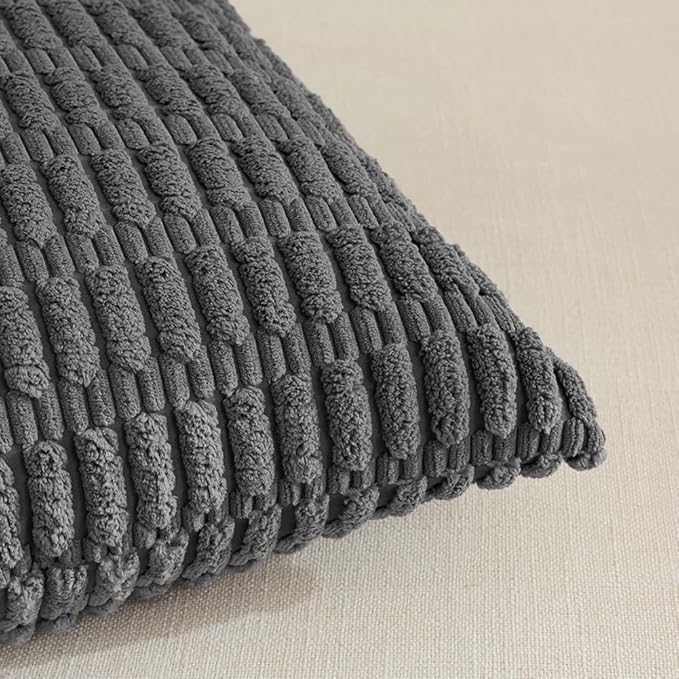 Fancy Homi 4 Packs Dark Grey Decorative Throw Pillow Covers 22x22 Inch for Couch Bed, Rustic Modern Farmhouse Boho Home Decor, Soft Plush Corduroy Gray Cute Square Accent Cushion Case 55x55 cm