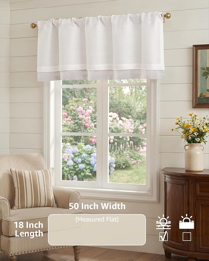 jinchan Curtain Light Filtering Kitchen for Living Room Bedroom Small Windows Valance 18 Inch Double Layer Farmhouse Window Rustic Overlay Rod Pocket 1 Panel White