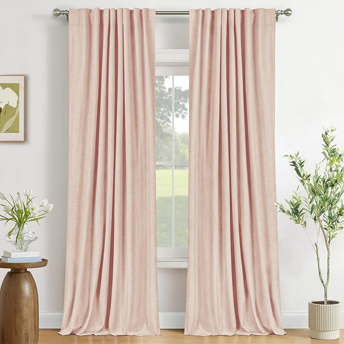 100% Blackout Shield Creamy Peach Linen Blackout Curtains for Bedroom 84 Inches Long, Back Tab/Rod Pocket Living Room Drapes, Thermal Insulated Blackout Curtains 2 Panels Set, 50" W x 84" L
