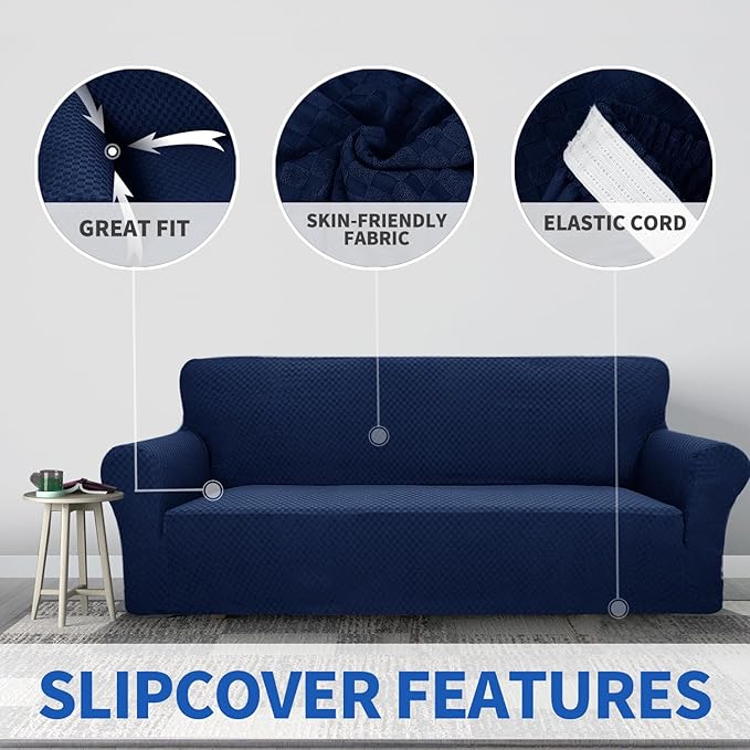 ZNSAYOTX 1 Piece Jacquard Couch Covers for 2 Cushion Couch High Stretch Loveseat Slipcover for Pets Dogs Anti Slip Love Seat Sofa Slipcover Furniture Protector (Loveseat, Navy Blue)