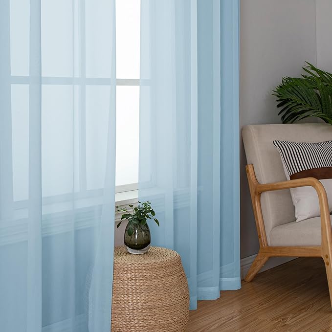 Lecloud Sky Blue Sheer Curtains 90 Inches Long 2 Panels, Light Filtering Voile Solid Airy Curtains, Transparent Farmhouse Decor with Dual Rod Pocket for Living Room Bedroom, Each 42" W x 90" L