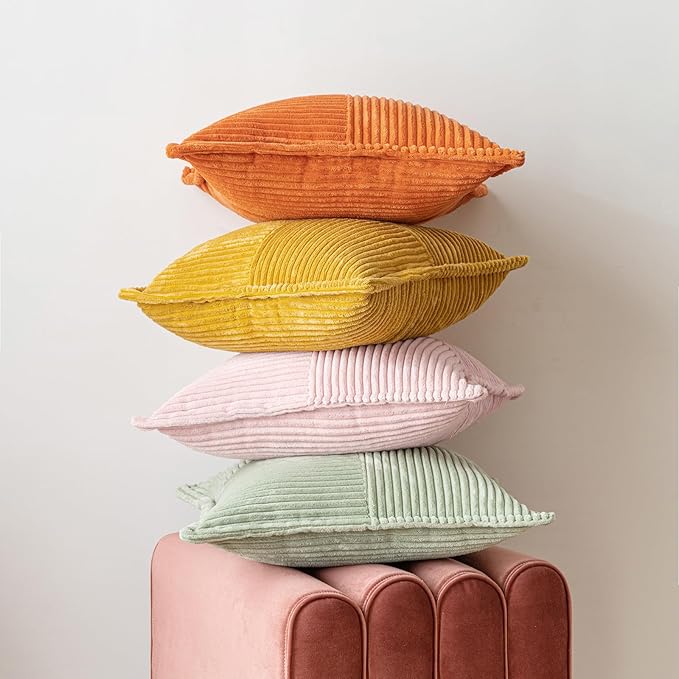 MIULEE Spring Decorative Throw Pillow Covers for Couch Bed Livingroom 18x18 Inch Set of 2 Pink Boho Accent Throw Pllows Broadside Striped Patchwork Soft Corduroy Pillowcases Valentine Decor
