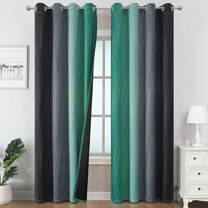 Estelar Textiler Green & Black Ombre Blackout Curtains 96 Inch Length 2 Panels, Light Blocking Thermal Insulated Room Darkening Window Drapes for Bedroom/Living Room, 52x96 Inch