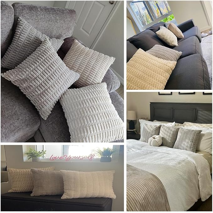 Fancy Homi 4 Packs Neutral Long Lumbar Decorative Throw Pillow Covers 14x24 Inch for Living Room Couch Bed, Boho Home Decor, Soft Striped Corduroy Rectangle Accent Grey Cushion Case 35x60 cm