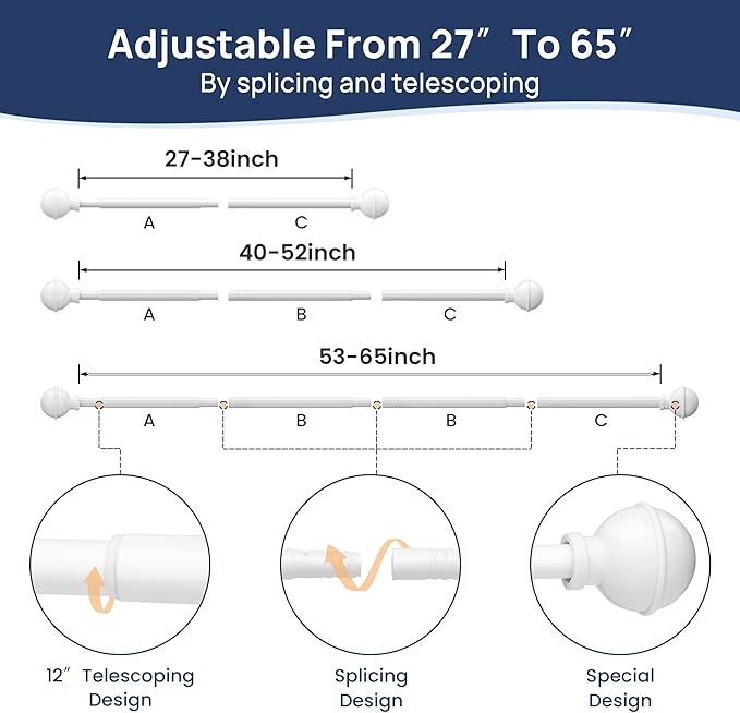 ENJOYBASICS No Drill Curtain Rods for Window 28 to 60 Inches, 5/8 Inch Diameter Renter Friendly Drapery Rod with Adhesive Brackets without Drilling, Adjustable from 27 to 65 Inches, White