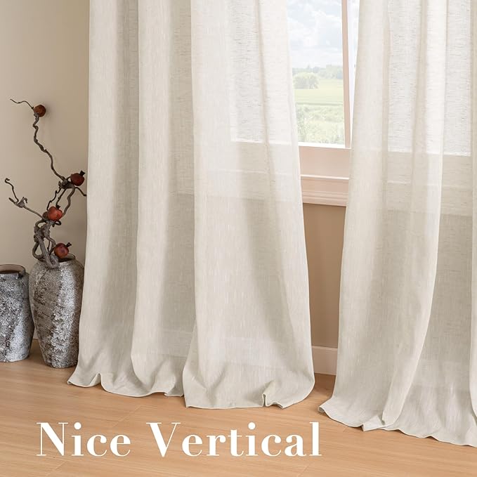 H.VERSAILTEX Natural Linen Semi Sheer Curtains for Living Room Extra Long Curtains Made of Rich Linen Soft Material, Nickel Grommet Window Panel Drapes (Set of 2, 52 by 108 Inch, Ivory)