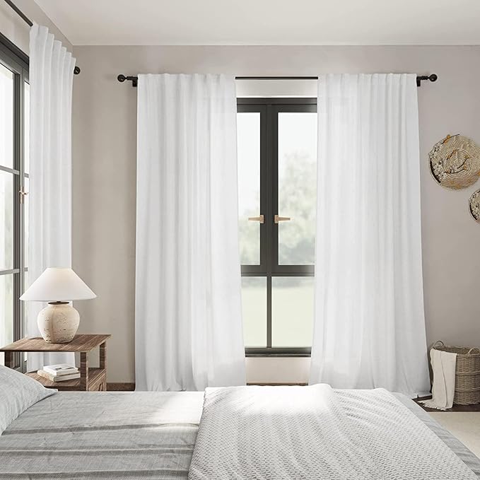 White Linen Curtains 96 Inches Long 2 Panels Set Back Tab Rod Pocket Semi Sheer Light Filtering Window Curtain Drapes Neutral Modern Aesthetic Long Curtains for Living Room Bedroom Decor 42x96