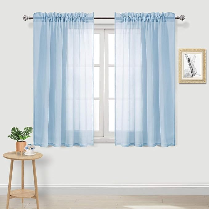 DWCN Sky Blue Sheer Curtains Semi Transparent Voile Rod Pocket Curtains for Bedroom and Living Room, 52 x 54 inches Long, Set of 2 Panels