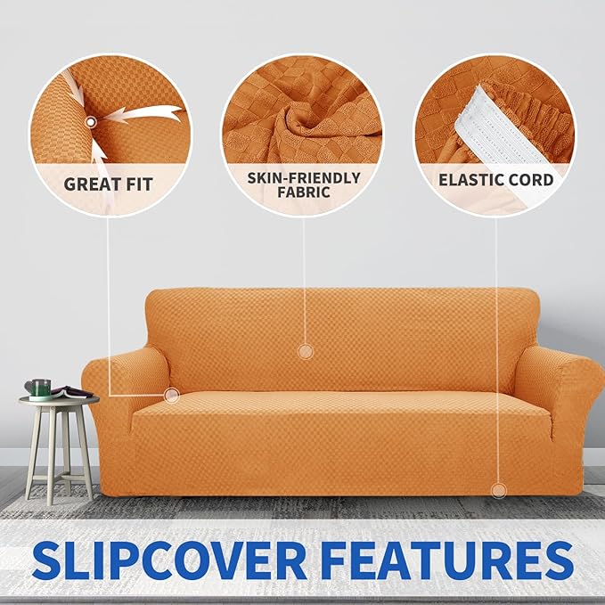 ZNSAYOTX 1 Piece Jacquard Couch Covers for 2 Cushion Couch High Stretch Loveseat Slipcover for Pets Dogs Anti Slip Love Seat Sofa Slipcover Furniture Protector (Medium, Orange)
