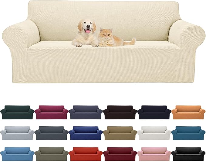 Cupuamon 2026 New Stretch Sofa Slipcovers Couch Cover for 3 Cushion Furniture Protector Sofa Covers with Elastic Bottom Jacquard Fabric Small Checks for Pets, Kids -Sofa, Beige