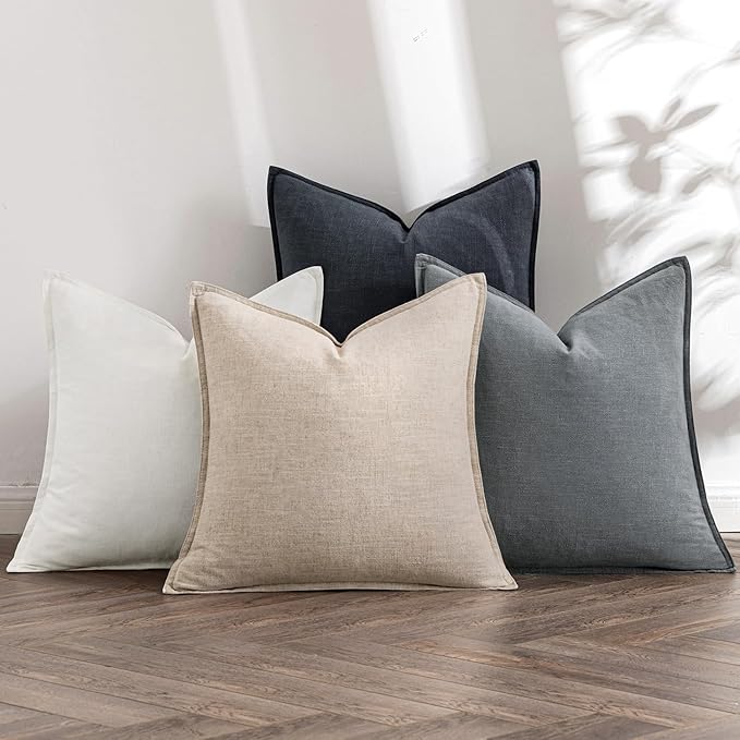 MIULEE Neutral Cream/Gray Linen Pillow Covers Pack of 4 Decorative Natural Solid Throw Pillow Covers Soft Accent Boho Farmhouse Couch Pillowcases Modern Home Decors for Living Room Bed Sofa 18x18 Inch