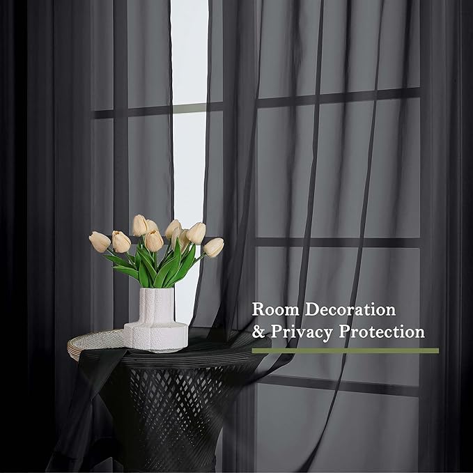 Lecloud Black Sheer Curtains 120 Inches Long 2 Panels, Balance Light & Privacy Voile Window Curtains, Solid Sheer Curtain Drapes for Living Room Balcony Big Windows, 59" W x 120" L