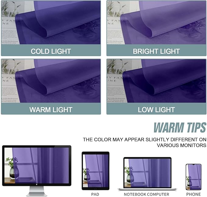 Purple Sheer Curtains for Window 72 inches Long 2 Panels Set, Soft Airy Modern Light Filtering Sheer Curtains for Living Room Bedroom, Dual Rod Pocket Solid Window Drapes, 2x42Wx72L inches