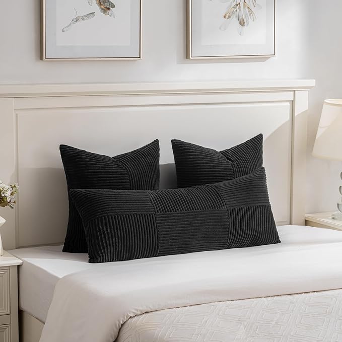 Fancy Homi 2 Packs Black Euro Decorative Throw Pillow Covers 26x26 Inch for Couch Bed Sofa, Rustic Farmhouse Boho Home Decor, Soft Corss Corduroy Patchwork Textured Square Cushion Case 66x66 cm