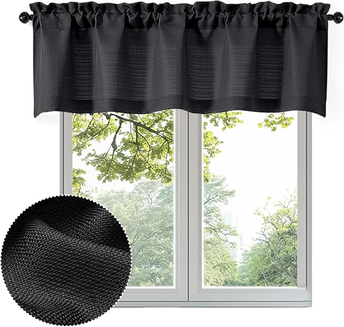 OWENIE Bob Valance Curtains 18 Inch Length 1 Piece, Faux Linen Slub Solid Black Kitchen Valance for Bedroom Living Room, Farmhouse Soft Airy Rod Pocket Small Window Curtain, Each 60Wx18L Inch