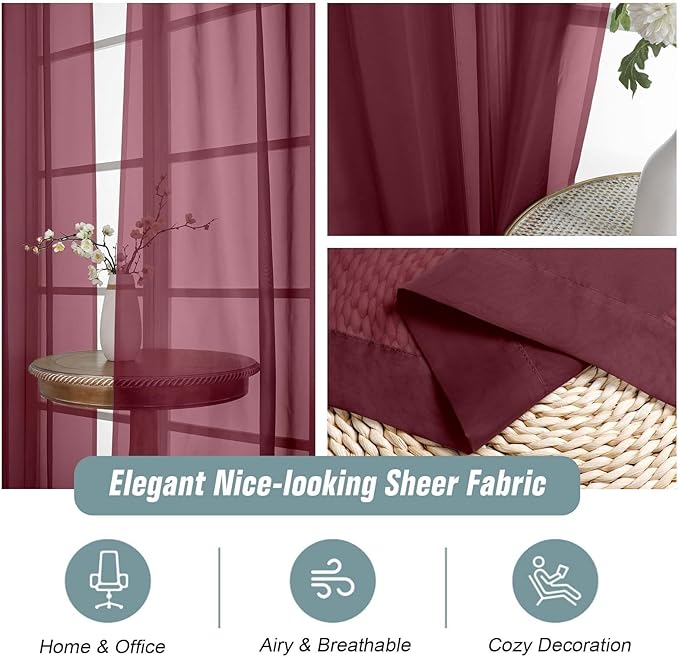 Extra Wide Sheer Curtains 84 Inches Long 2 Panels, Soft Airy Transparent Light Filtering Christmas Curtains for Sliding Glass Door, Top Dual Rod Pocket Design, Burgundy, 2x59Wx84L Inches