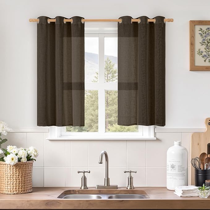 LAMIT 40 Inch Linen Curtains for Kitchen Windows, Semi Sheer Light Filtering Panels Bronze Grommet Neutral Drapes for Bathroom/Cafe, 2 Panels Set, Dark Brown, 34 x 40 Inch