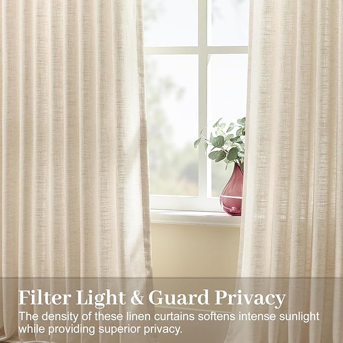 IVAPUPU 70 Inch Extra Width Pinch Pleated Curtains for Living Room, Pleated Linen Sheer Curtains Light Filtering Privacy Hooks Rings Back Tab Drapes for Sliding Door, 1 Panel, 70Wx84L, Sand Beige