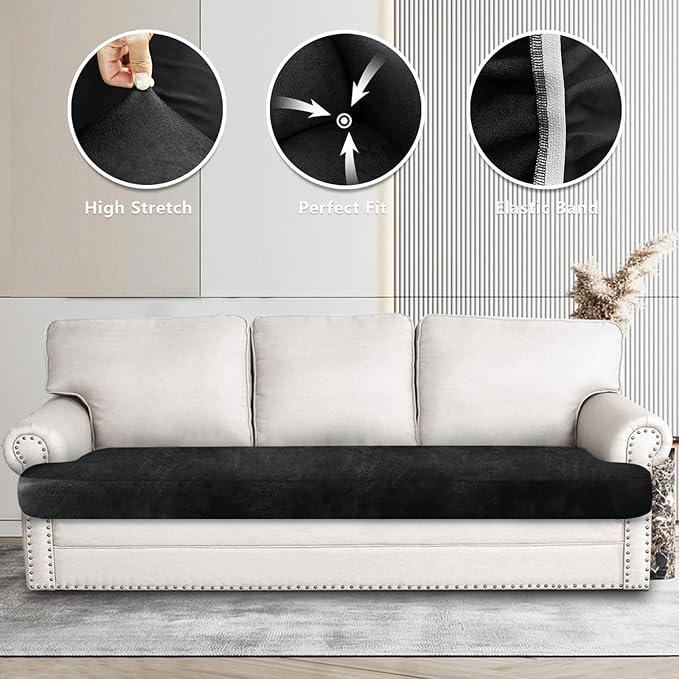 Leather Look Couch Cushion Covers Sofa Seat Slipcovers Sets Couches Furniture Protector for Sectional Armchair Loveseat Pets Kids Stretch Spandex Fabric (1 T-Cushion Sofa, Black)