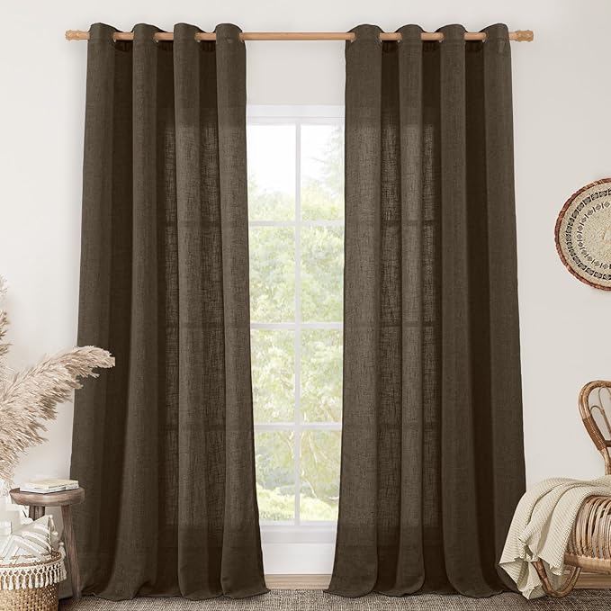 LAMIT Dark Brown Linen Curtains for Living Room 84 inch Length, Light Filtering Semi Sheer Panels Bronze Grommet Rustic Farmhouse Drapes for Bedroom/Sliding Glass Door, 2 Panels, 52 x 84 Inch