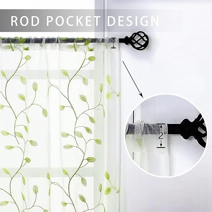 MRTREES Sheer Curtain Valance Rod Pocket, 2 Panels Leaves Embroidered Christmas Valance for Windows, Living Room Small Window Curtain Toppers for Kitchen/Basement/Bathroom(Green Leaves, 54"x16")