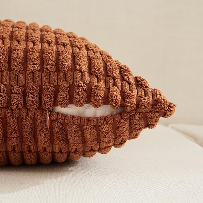 Fancy Homi 4 Packs Rust Decorative Throw Pillow Covers 12x24 Inch for Living Room Couch Bed Sofa, Terracotta Rustic Farmhouse Boho Home Decor, Soft Plush Striped Corduroy Square Cushion Case 30x60 cm