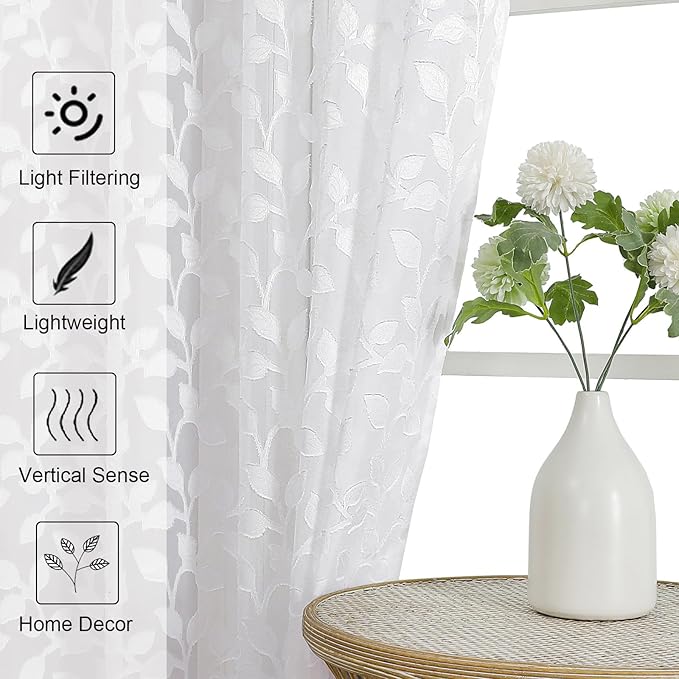 Chyhomenyc White Sheer Curtains 90 Inch Length 2 Panels Set, Light Filtering Tufted Textured Soft Airy Rod Pocket Gentle Leaf Window Treatment Drapes for Bedroom Living Room, 42" Wx90 L, 2PCS