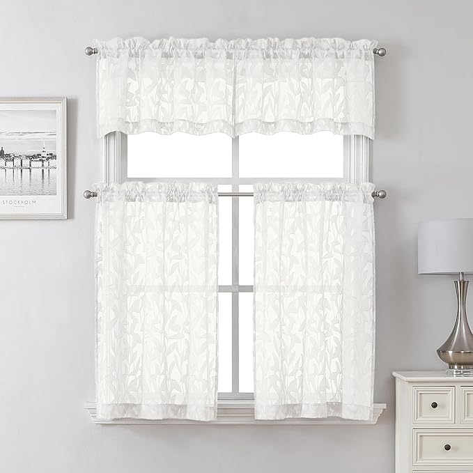 Lecloud Leia Ivory Sheer Curtains 30 Inch Length 2 Pcs, Jacquard Leaf Textured Voile Short Curtains with Dual Rod Pocket, Farmhouse Bedroom Living Room Kitchen Tiers, Each Panel 28" W x 30" L