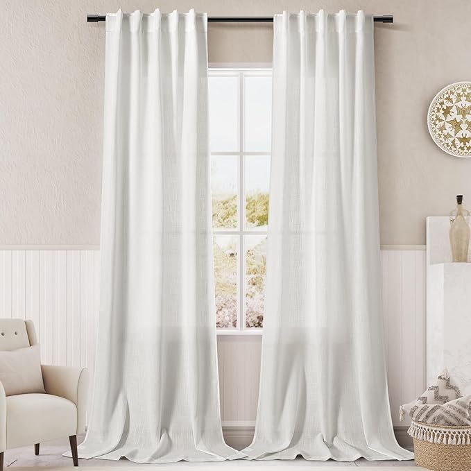 Linen Off White Curtains 120 inch Extra Long for Living Room Back Tab Light Filtering Semi Sheer Drapes Modern Farmhouse Coastal Decor White Cotton Textured Curtain for Floor to Ceiling Window 10 FT