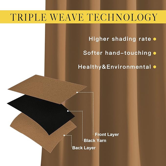 NICETOWN Insulated Curtains Blackout Draperies - Triple Weave Microfiber Home Thermal Insulated Solid Ring Top Blackout Curtains/Panels for Bedroom(Gold Brown, Set of 2, 46 x 72 Inch)