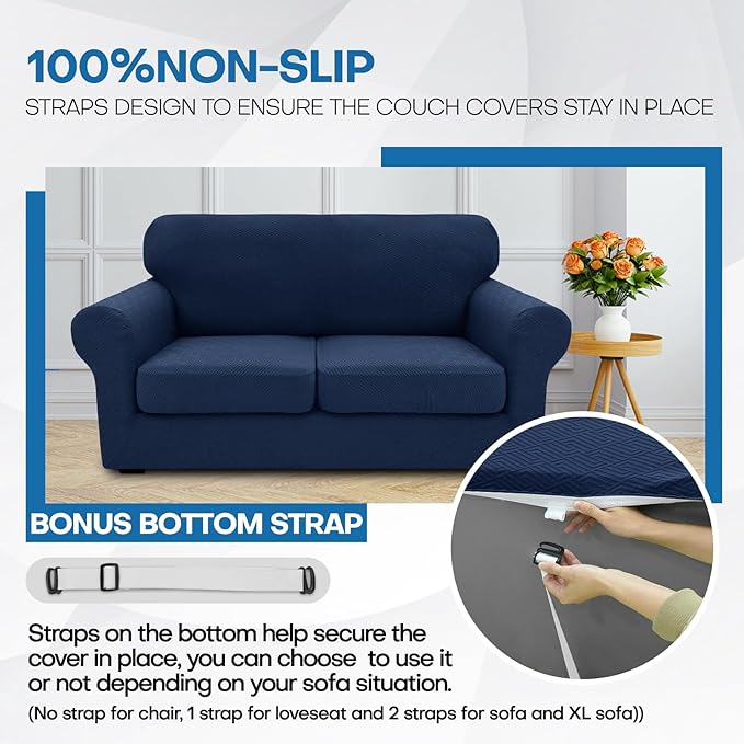 XINEAGE 2026 New 4 Pieces Couch Covers for 3 Cushion Couch Super Stretch Thick Soft Sofa Cover Anti Slip Sofa Slipcover Dogs Cats Furniture Protector (Navy Blue, 71"-91")