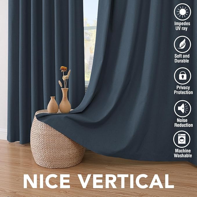 H.VERSAILTEX Linen Blackout Curtains 108 Inches Long 100% Absolutely Blackout Thermal Insulated Textured Linen Look Curtain Draperies Anti-Rust Grommet, Energy Saving with White Liner, 2 Panels, Navy