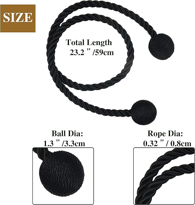 Curtain Tiebacks Outdoor Elegant Decorative Tie Backs Modern Rope Tiebacks for Drapes Window Curtain Holdbacks for Draperies (Black, 2)