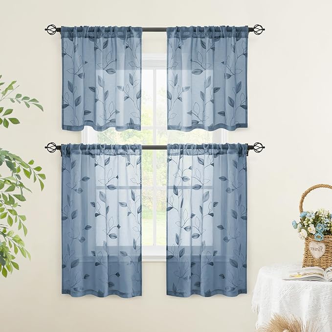 HOMEIDEAS Stone Blue Sheer Kitchen Curtains 30 X 36 Inch Length 2 Panels Embroidered Leaf Pattern Short Bathroom Window Curtains for Small Window Valance Tiers