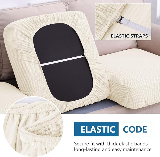 hyha Waterproof Couch Cushion Covers for Pets, Non Slip Sofa Seat Cover for Dogs Washable, Soft Thick Stretch Jacquard Fabric, Sofa Slipcovers with Elastic Bottom (3 Pieces, Light Beige)