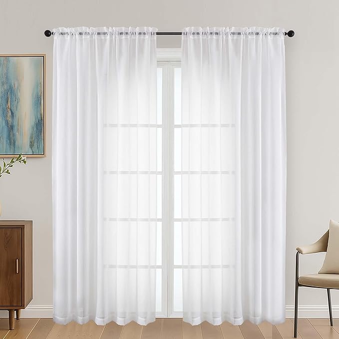OVZME White Sheer Curtains 72 Inches Long 2 Panels Set, Light Filtering Sheer Curtains for Living Room Bedroom 59 Inch Extra Wide, Modern Voile Filmy Rod Pocket Window Drapes, 59Wx72L Inches