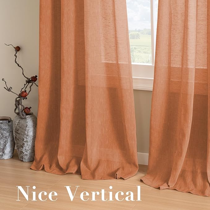 H.VERSAILTEX Linen Curtains Natural Linen Blended Curtain Panels for Living Room/Light Reducing Linen Semi Sheer Curtains 2 Panels Set Nickel Grommet Window Panels (52x72 Inch, Orange)