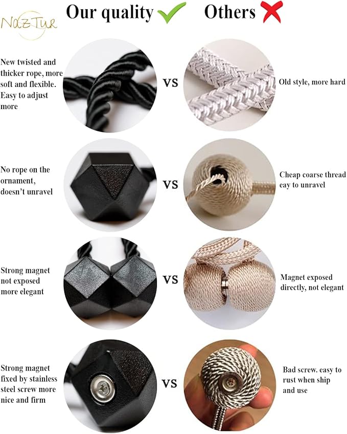 NazTur Magnetic Curtain Tiebacks- Upgrade 2022 with a Thicker Twist Rope & Strong Magnet Tieback Window Treatment Holdbacks Draperies Holders Decorative Drape Handmade Tie Back (Black, 2)
