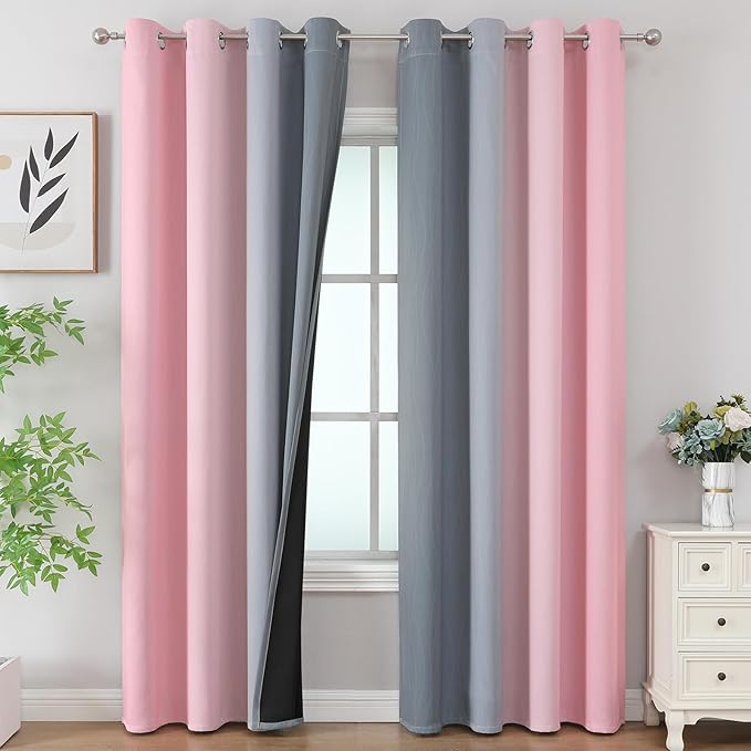 Estelar Textiler Pink and Grey Ombre Blackout Curtains 90 Inches Long 2 Panels Set,Thermal Insulated Drapes for Bedroom, Full Light Blocking Energy Saving Grommet Curtains for Living Room,52Wx90L