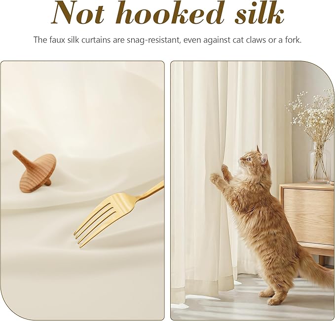 FMFUNCTEX Sheer Non-See-Through Butter Cream Curtains for Bedroom, Faux Silk That Let Light Curtains 72 inches Long Light Filtering Privacy Sheer Window Drapes for Living Room, Rod Pocket 2 Panels Set