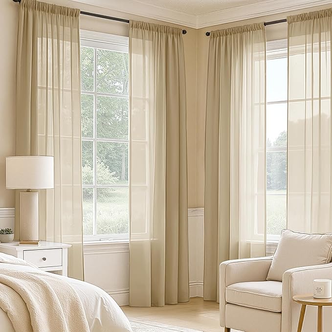 MIULEE Beige Sheer Curtains 108 Inches Long, 4 Panels Set, Rod Pocket Voile Drapes Light Filtering and Semi Transparent, Elegant Window Treatments for Bedroom Living Room,54 x 108 Inches
