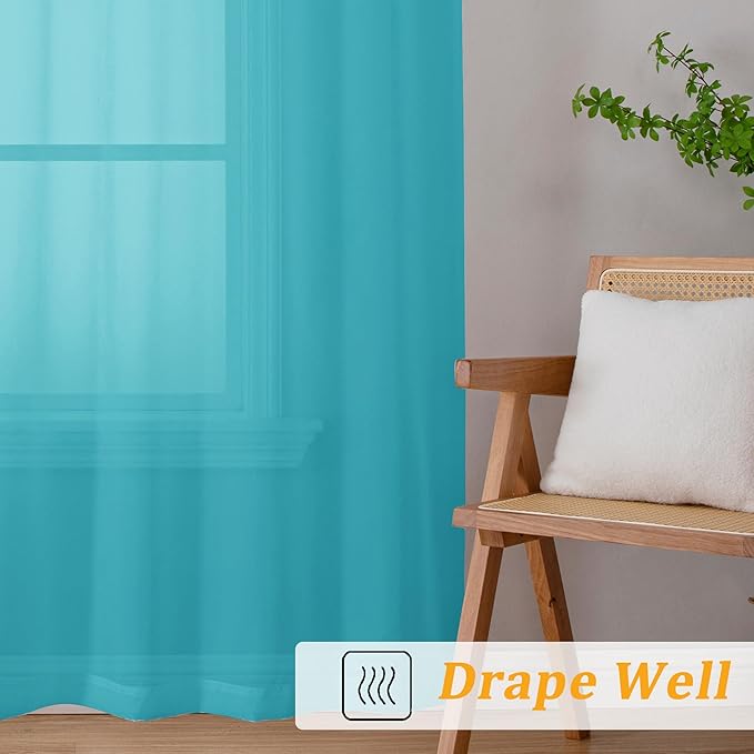 Gwine Turquoise Sheer Kitchen Curtains 36 Inch Length, Light Filtering Voile Soft Airy Small Cafe Curtains, Short Window Curtain for Bathroom Basement, 42x36 inch, 2PCS