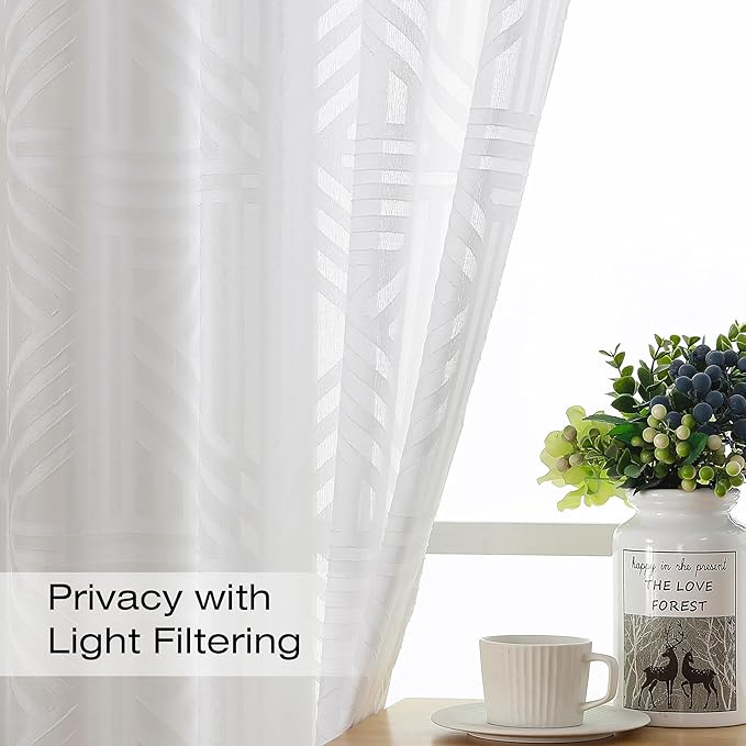 Simplebrand Sheer White Kitchen Curtains 24 Inch Length Tier Curtains 2 Panels, Light Filtering Geometric Jacquard Clip Textured Semi Sheer Short Window Curtains for Bathroom, 30x24 inch