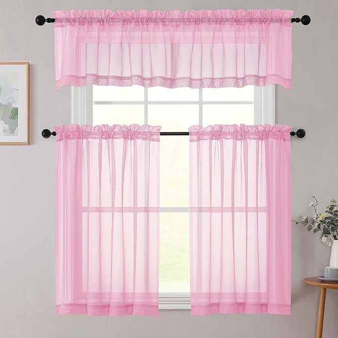 Cafe Curtains 36 Inch Length Tier 2 Pieces, Modern Soft Airy Sheer Kitchen Short Curtains for Small Window, Rod Pocket Small Curtain for Bathroom Basement, Pink, Each, 42" Wx36 L Inches