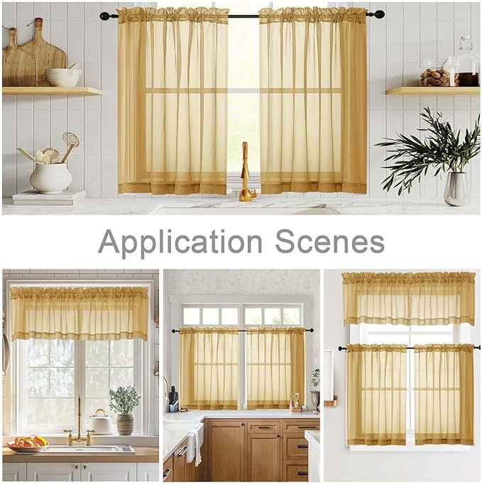 Gold Kitchen Curtains 30 Inch Length Tier 2 PCS, Solid Soft Airy Half Curtains for Windows, Gold Sheer Rod Pocket Drapes for Bathroom Basement Small Window, 42" Wx30 L Inches