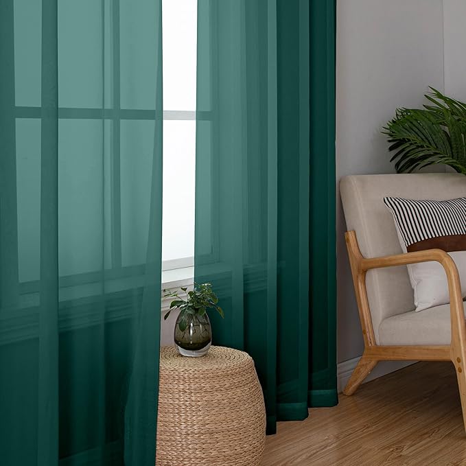 Simplebrand Hunter Green Sheer Curtains 84 Inches Long 2 Panels, Light Filtering Rod Pocket Solid Color Window Sheer Curtain Panels, Elegant Curtains & Drapes for Living Room, Bedroom, 42" W x 84" L